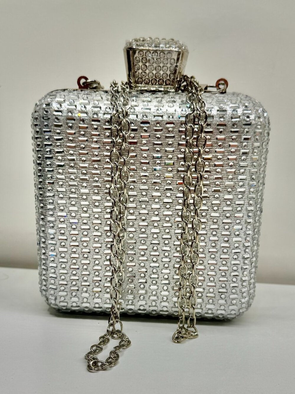 Silver Rhinestone Evening Box Clutch with Crossbody Chain (NEW IN BOX)